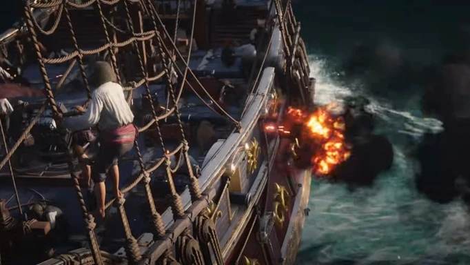 A ship firing cannons in Skull and Bones.