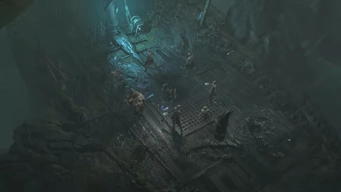 Некромант сражается с монстрами в подземелье в Diablo 4.
