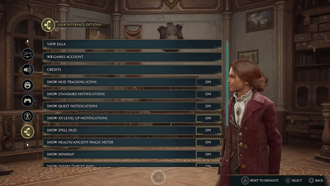 In-game screenshot of Hogwarts Legacy user interface options