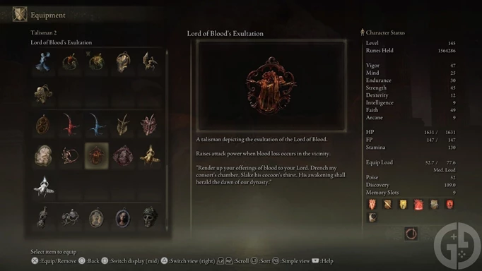 The Lord of Blood's Exultation talisman in Elden Ring