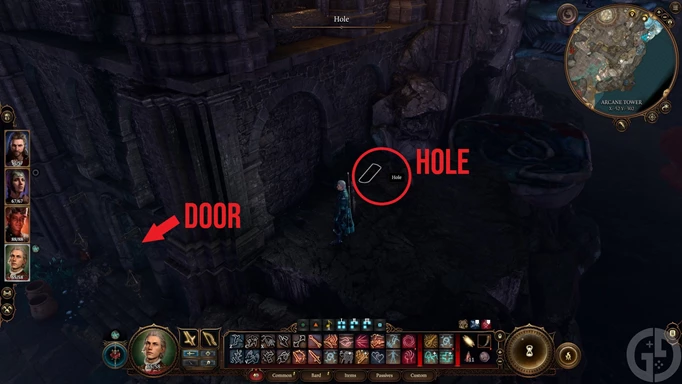 Image of the door and hole outside of the Arcane Tower in Baldur's Gate 3