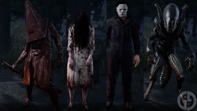 Some licensed Killers in Dead by Daylight. From left: The Executioner, The Onryo, The Shape, The Xenomorph