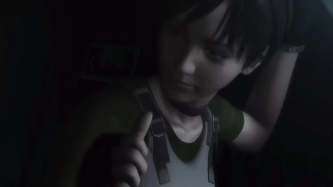 Rebecca giving the helicopter pilot the thumbs up at the beginning of Resident Evil 0