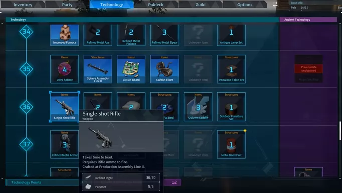 The Single Shot Rifle blueprint in the Technology tab