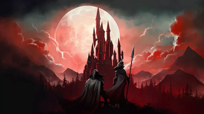 Key art of two people looking onto a red stained castle in V Rising