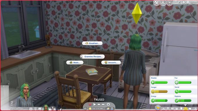 Pie menu showing recipe options for Grannies Cookbook mod for The Sims 4