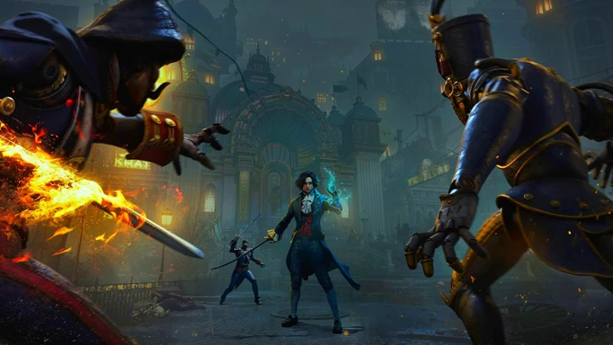 Key art for Lies of P with Pinocchio facing enemy puppets