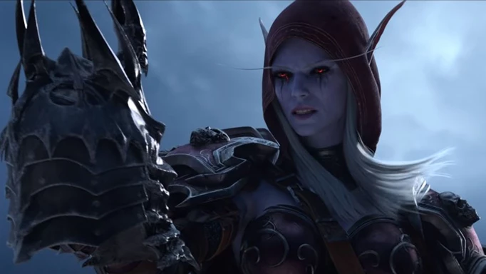 Sylvanas holds a helmet with a grimace in World of Warcraft: Shadowlands.