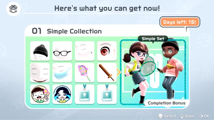 The cosmetics in the Simple Collection, a set of unlockables that cannot be obtained through the Nintendo Switch Sports Trial Mode.