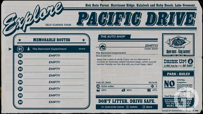 Pacific Drive Save Game Screen
