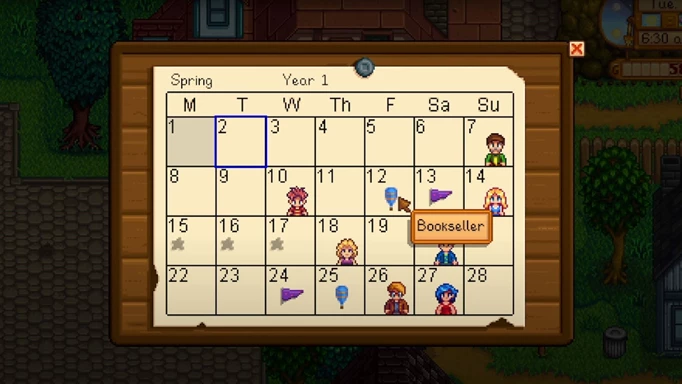 A calender in Stardew Valley depicting when the Bookseller will arrive in Pelican Town