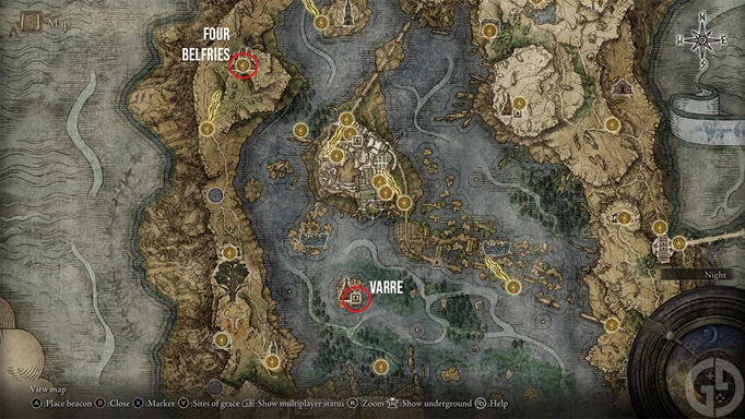 Map showing Varre and Four Belfries in Elden Ring, part of the bird farm