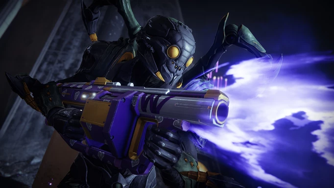 A Titan firing the new Acosmic GSP grenade launcher introduced to Destiny 2 in Festival of the Lost