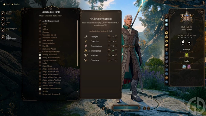 A level 4 Wizard with the Feat selection window in Baldur's Gate 3