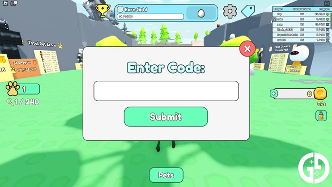 The interface for redeeming Collect All Pets codes