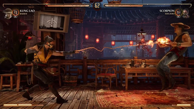 Gameplay screenshot of Scorpion hitting Kung Lao with his spear in Mortal Kombat 1