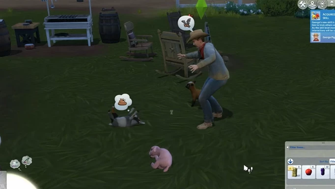 Screenshot showing a Sim scaring a mini goat in The Sims 4 Horse Ranch