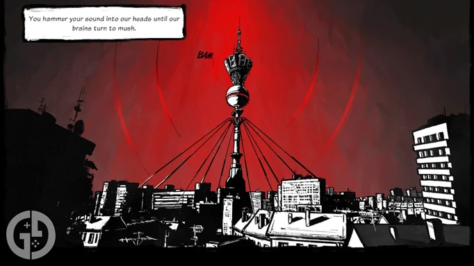 A story panel for Beat Slayer showing Berlin under rule of the villain