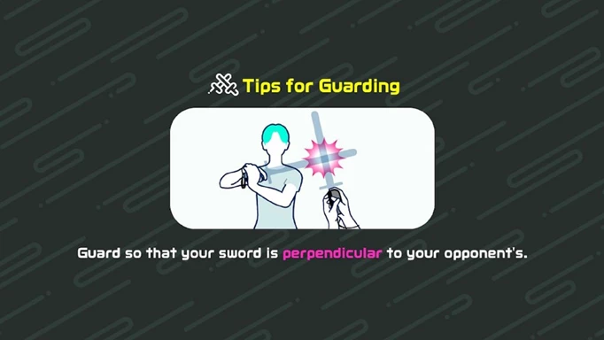 Instructions for how to guard in Nintendo Switch Sports chambara.