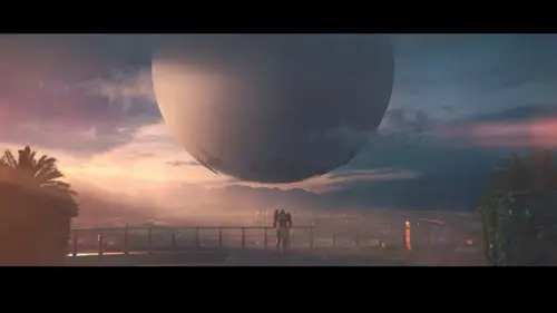 Commander Zavala looking out over the Last City, and the Traveller above