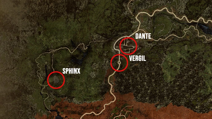 A map of the area showing the locations of the Sphinx, Dante, and Vergil in Dragon's Dogma 2