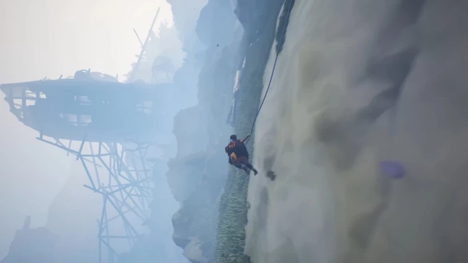 an image of Jusant gameplay, showing the character rope winging along a cliff face