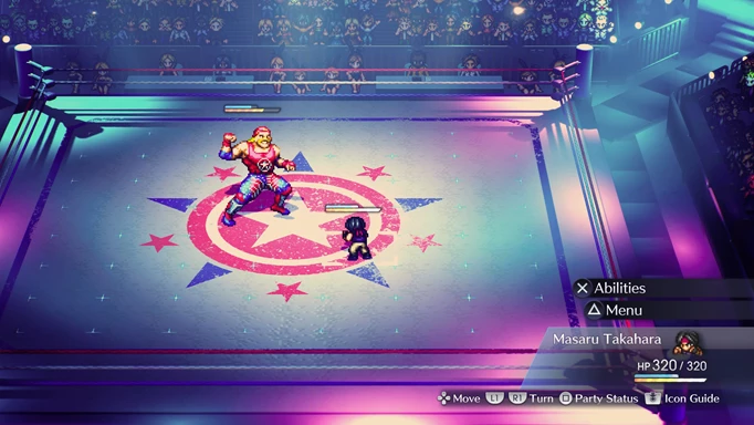Screenshot of Live A Live where the main character is fighting a Hulk Hogan-esque enemy in a wrestling ring