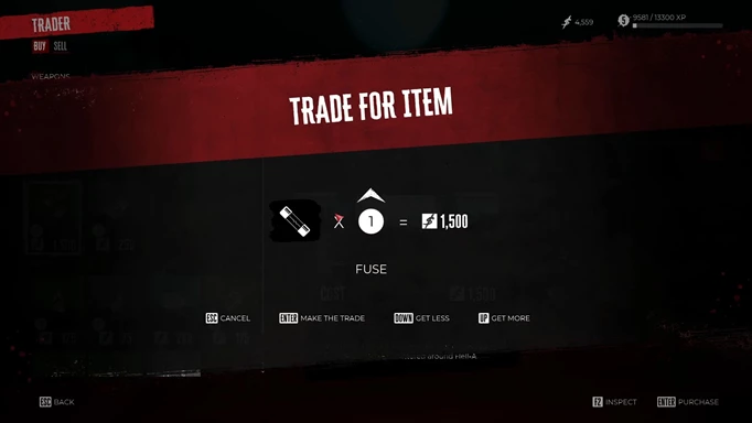 A trade menu in Dead Island 2, showing how to get Fuses