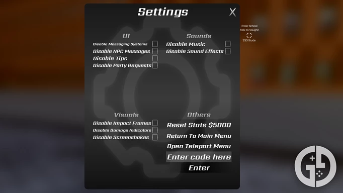 The settings menu where you can redeem codes in School of Hierarchy