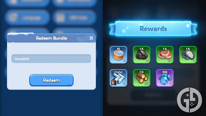 The code redemption menu in Whiteout Survival, as well as rewards you can get from codes