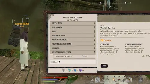 Buying Water Bottles to extract Essence Dust in Nightingale