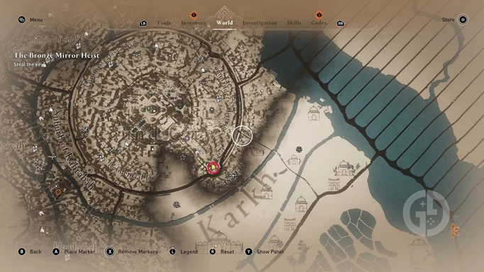the map location of the 'Just Rewards' Enigma in AC Mirage
