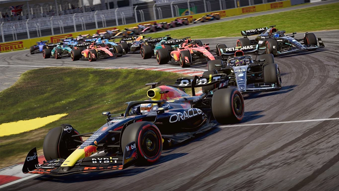 A queue of Formula 1 cars with a Red Bull leading in F1 23