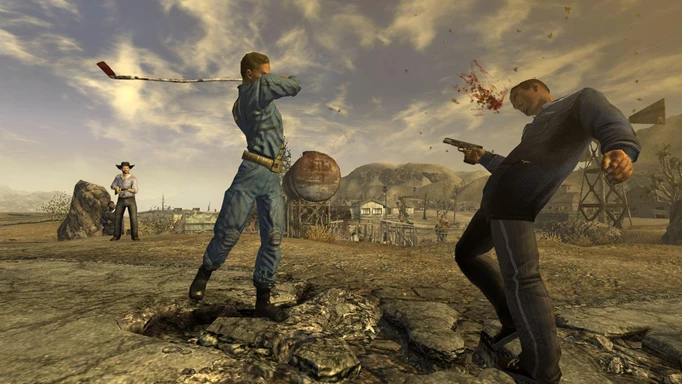 A character hitting someone with a golf club in Fallout New Vegas.
