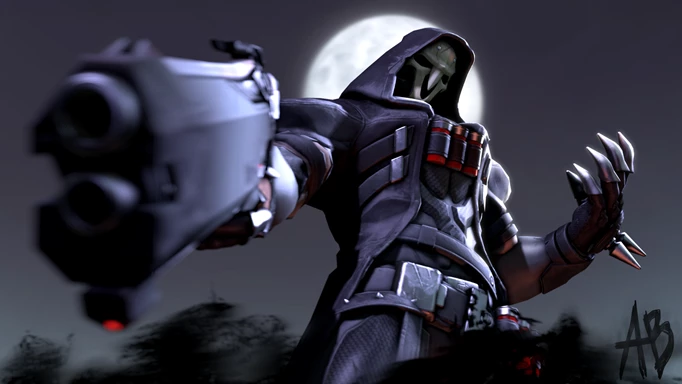 Reaper di Overwatch 2 dengan bulan di belakangnya