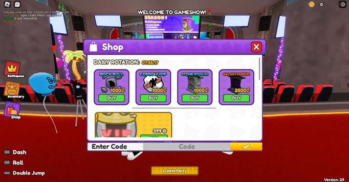 The code redemption screen in Gameshow for Roblox