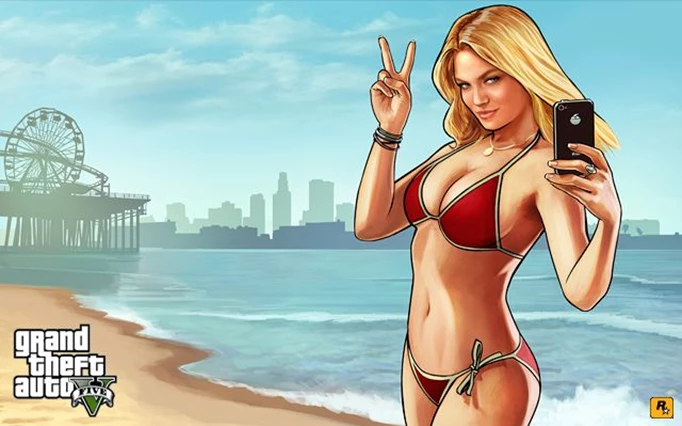 GTA 5 key art of a character by a beach with a cell phone