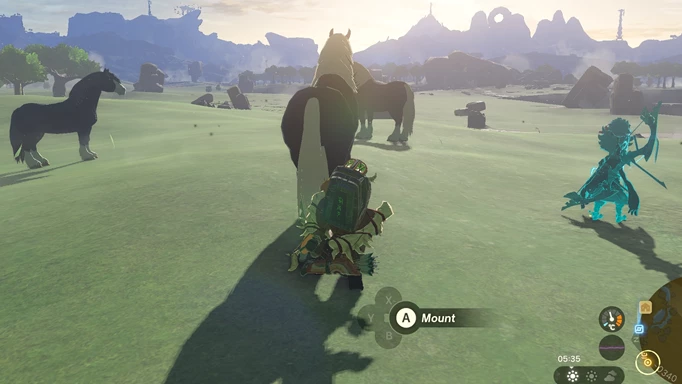 Screenshot of the mount prompt for a horse in Zelda: Tears of the Kingdom