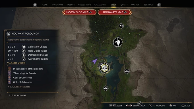 Screenshot showing the map size in Hogwarts Legacy