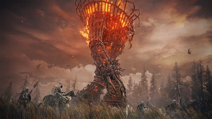 A giant Wicker monster containing billowing flames followed by a legion of defenders in Elden Ring's Shadow of the Erdtree DLC.