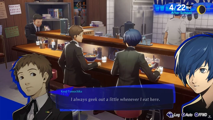 The protagonist talks with Kenji Tomochika in a restaurant in Persona 3 Reload