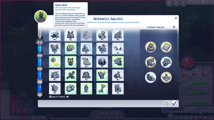 Werewolf abilities screen from The Sims 4 Werewolves
