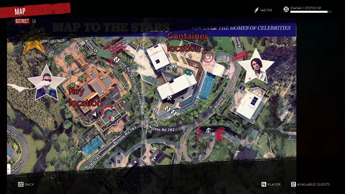 an image of the Dead Island 2 map showing the locations of Landscaper's key and Eddie's Toolbox