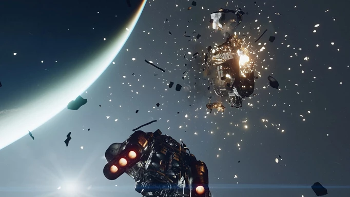 A ship explodes in an intergalactic dogfight in Starfield.