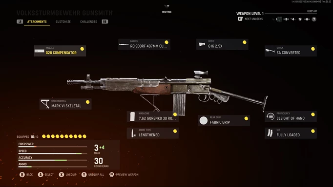 A Volkssturmgewehr loadout with text of attachments.