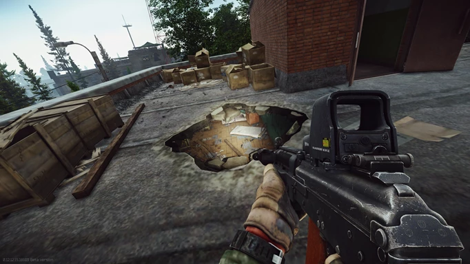 Screenshot of flashlight shining through a hole in a roof on Reserve in Escape From Tarkov