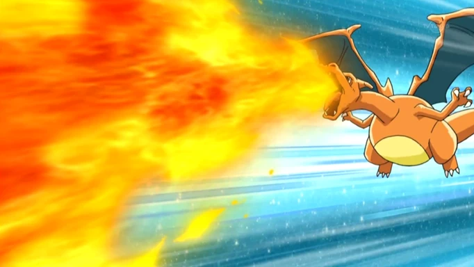 Screenshot of Charizard from the Pokemon anime breathing fire