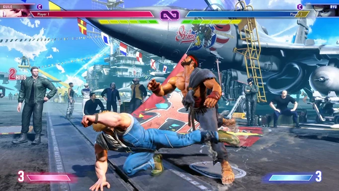 Guile using a heavy kick combo against Ryu in Street Fighter 6