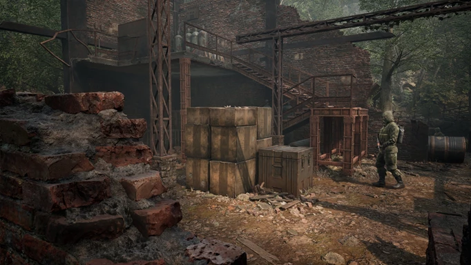 Screenshot of the abandoned factory in Metal Gear Solid 3 Remake