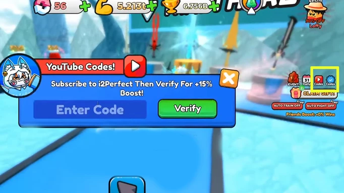 The code redemption screen in Pull a Sword